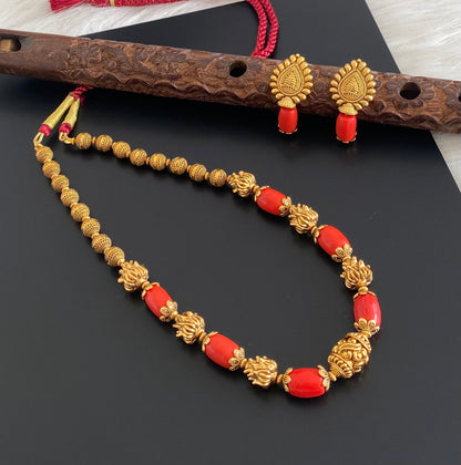 Antique gold tone coral nakshi beaded necklace set dj-54949