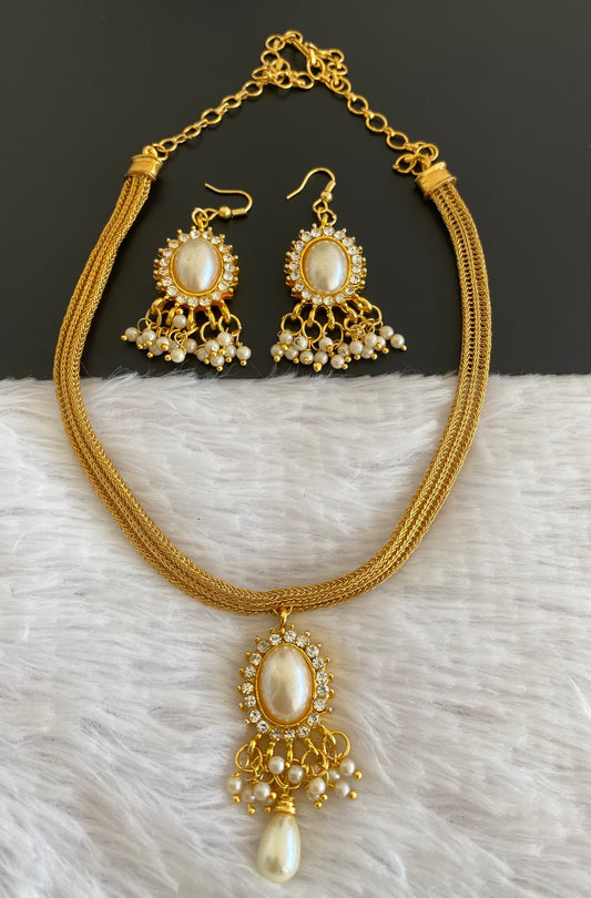 Gold tone pearl-white stone designer necklace set dj-52947