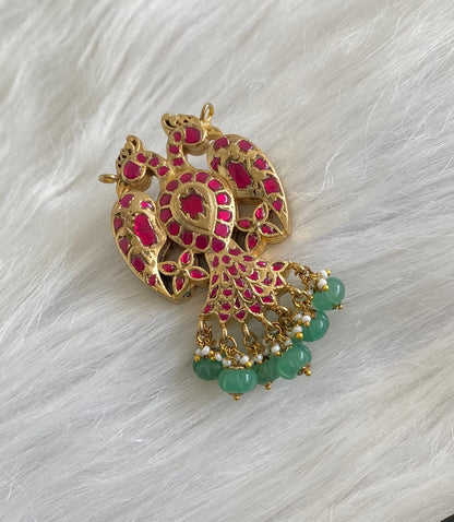 Gold tone pink-green kundan jadau reversible Gandaberunda pendant dj-53842