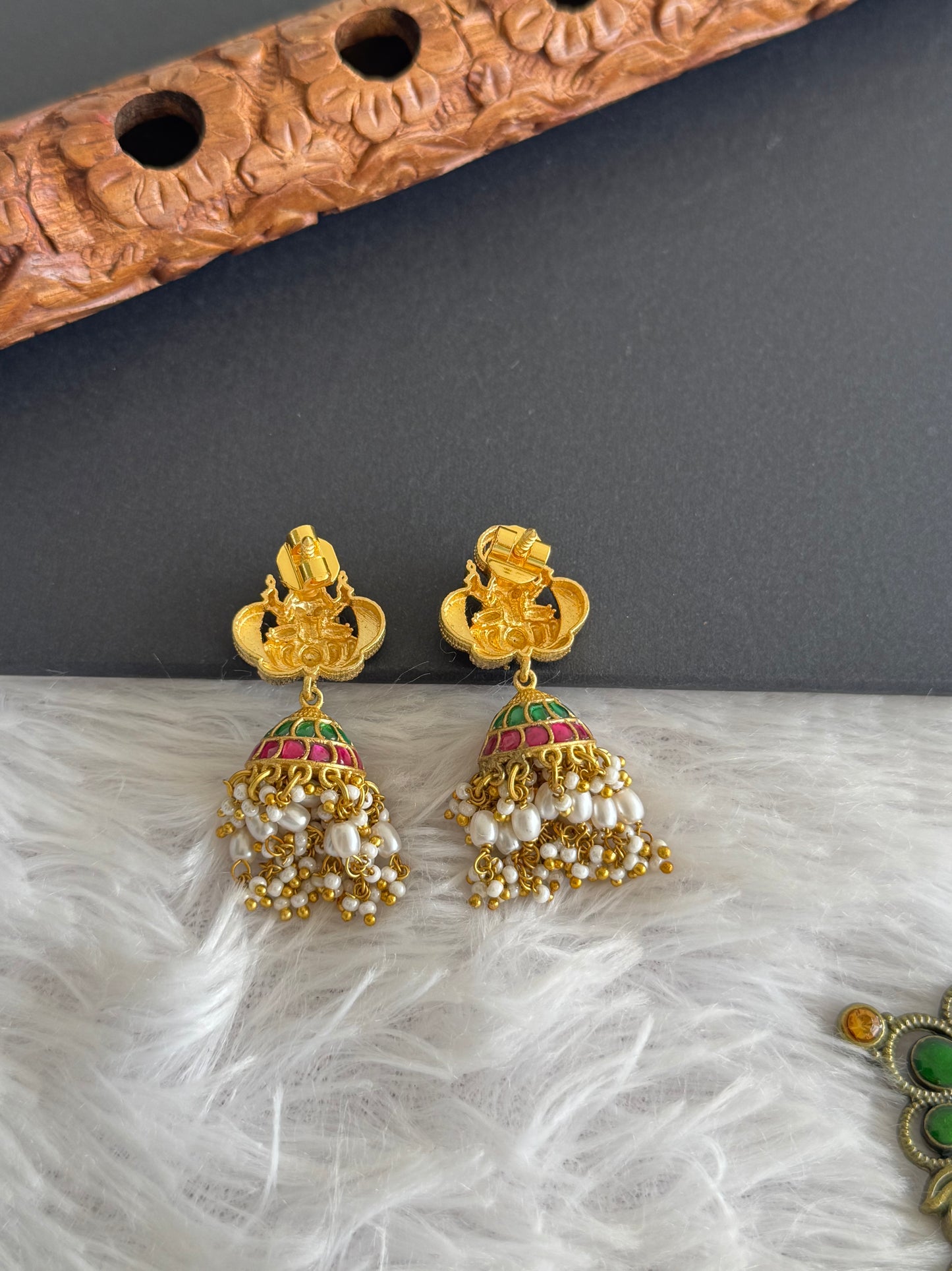 Gold tone pink-green-white kundan jadau lakshmi green beaded jhumkka dj-51506