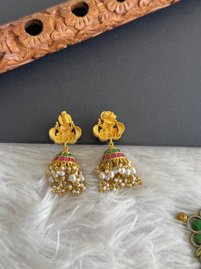 Gold tone pink-green-white kundan jadau lakshmi green beaded jhumkka dj-51506