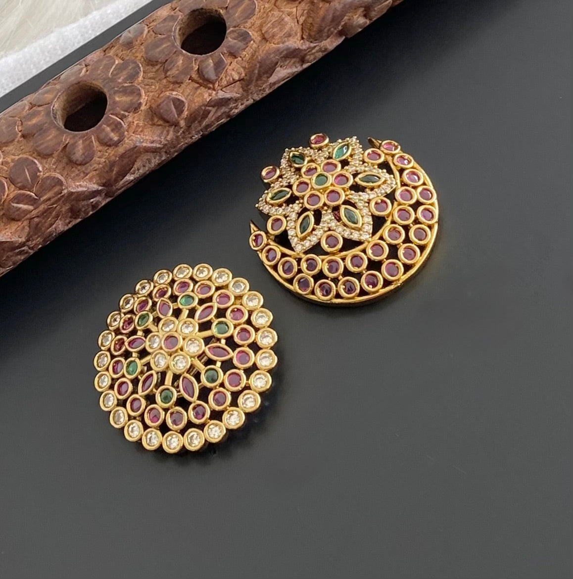 Antique gold tone cz kemp-green flower sun moon hair jewel dj-54994
