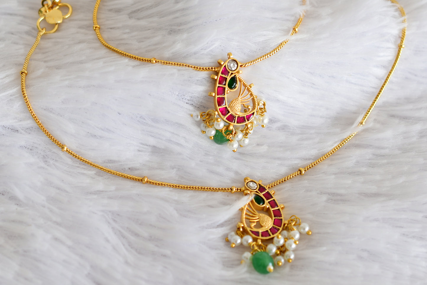 Gold tone pink-green-white peacock kundan jadau anklets dj-52396
