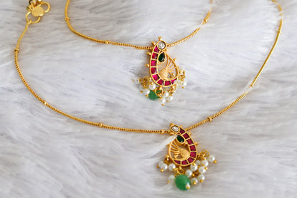 Gold tone pink-green-white peacock kundan jadau anklets dj-52396