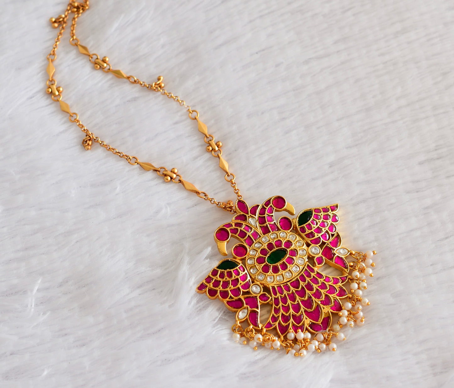 Matte finish pink-green kundan jadau Ganda berunda necklace dj-51539