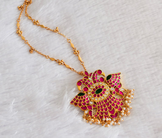 Matte finish pink-green kundan jadau Ganda berunda necklace dj-51539