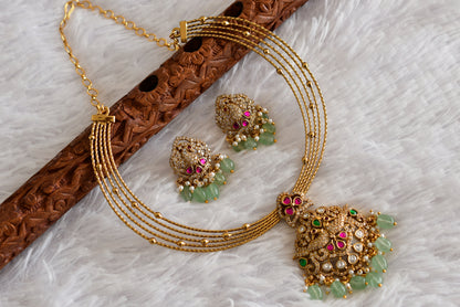 Antique gold tone pink-green kundan jadau kante necklace set dj-52420