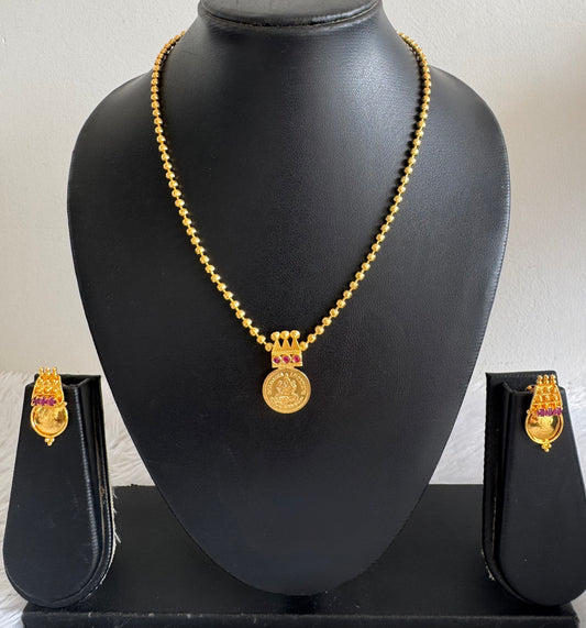 Gold tone pink stone lakshmi coin necklace set dj-51679