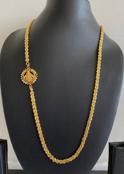 Gold tone white-green-pink stone lakshmi Mugappu chain dj-53108