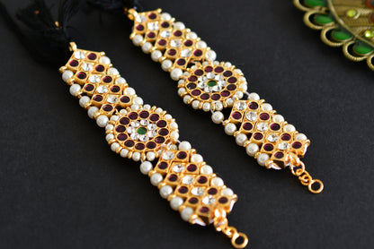 Gold tone precious kemp-green-white stone pearl ear side chain dj-52266