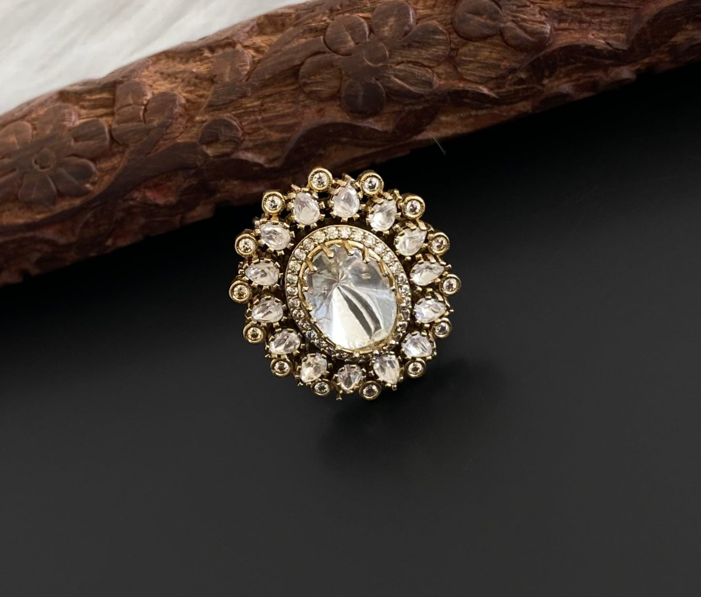 Two tone cz white kundan stone finger ring dj-53681