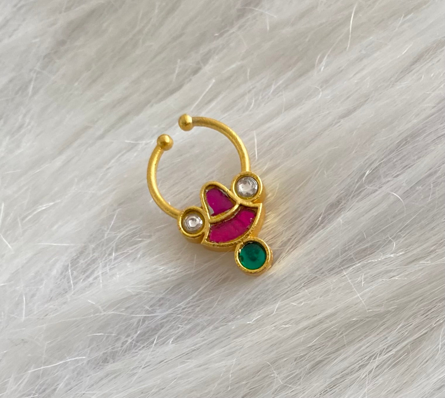 Gold tone kundan jadau pink-green-white stone nose pin/bulakku dj-53765