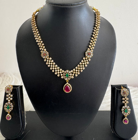 Antique gold tone cz ruby-green flower block stone necklace set dj-51216
