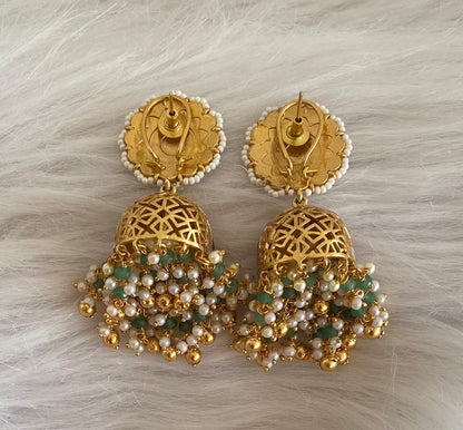 Gold tone pink-white kundan jadau green beaded pearl big jhumkka dj-55100