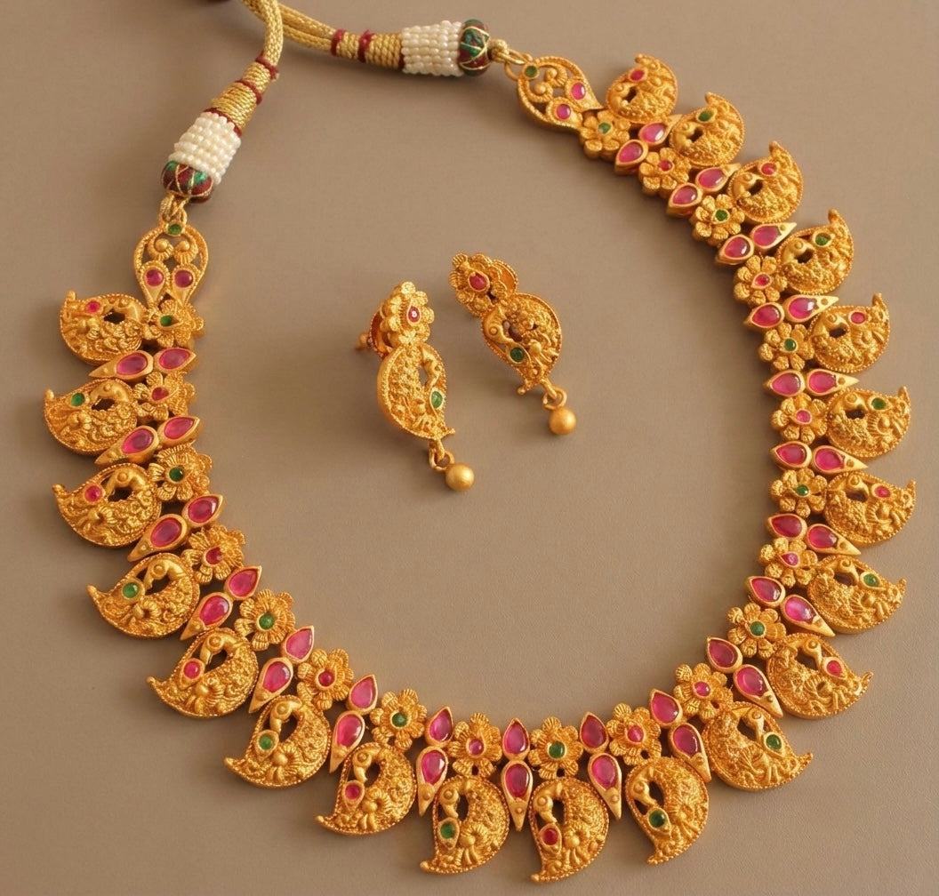 Matte Finish Ruby-emerald Mango Necklace Set-dj07086