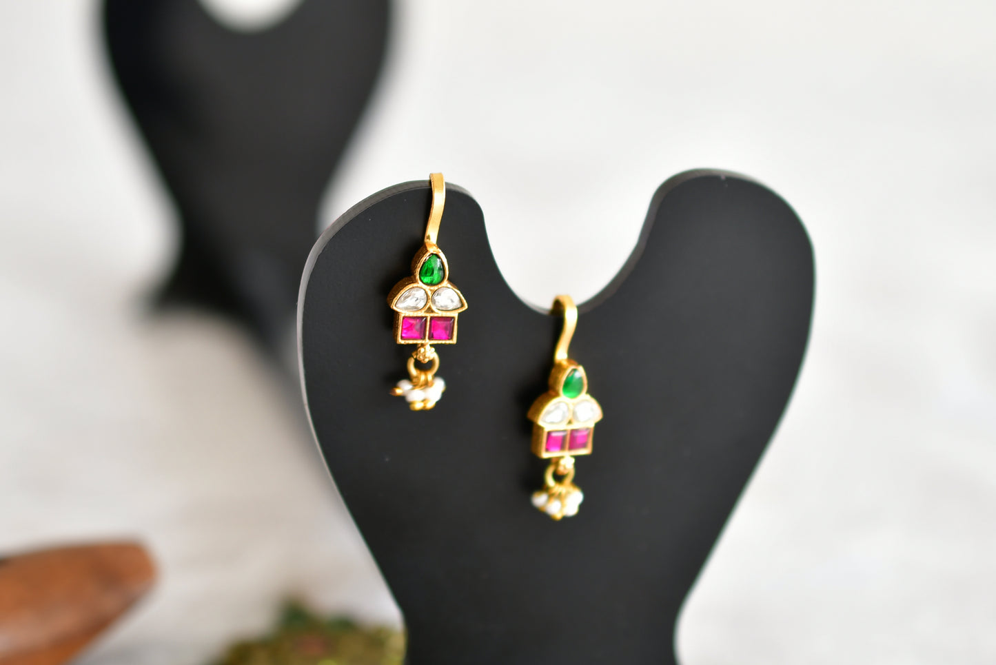 Gold tone pink-green-white kundan jadau bugadi earrings dj-52488