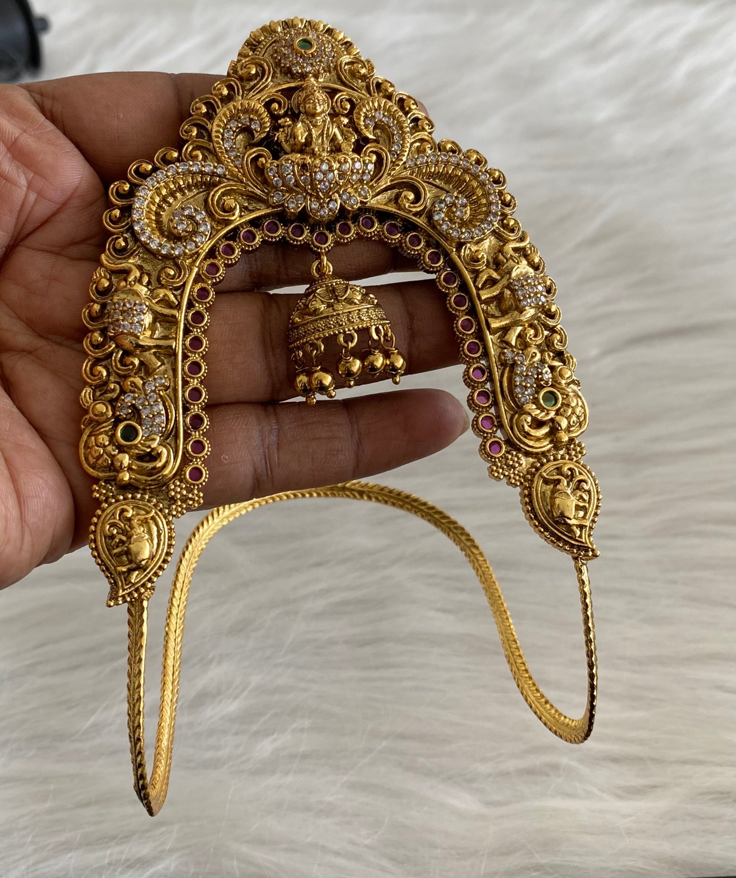Antique matte finish cz kemp-green lakshmi peacock elephant vanki/bajuband dj-49069