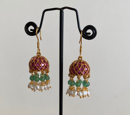 Gold tone pink kundan jadau green beaded rice pearl jhumkka dj-55096