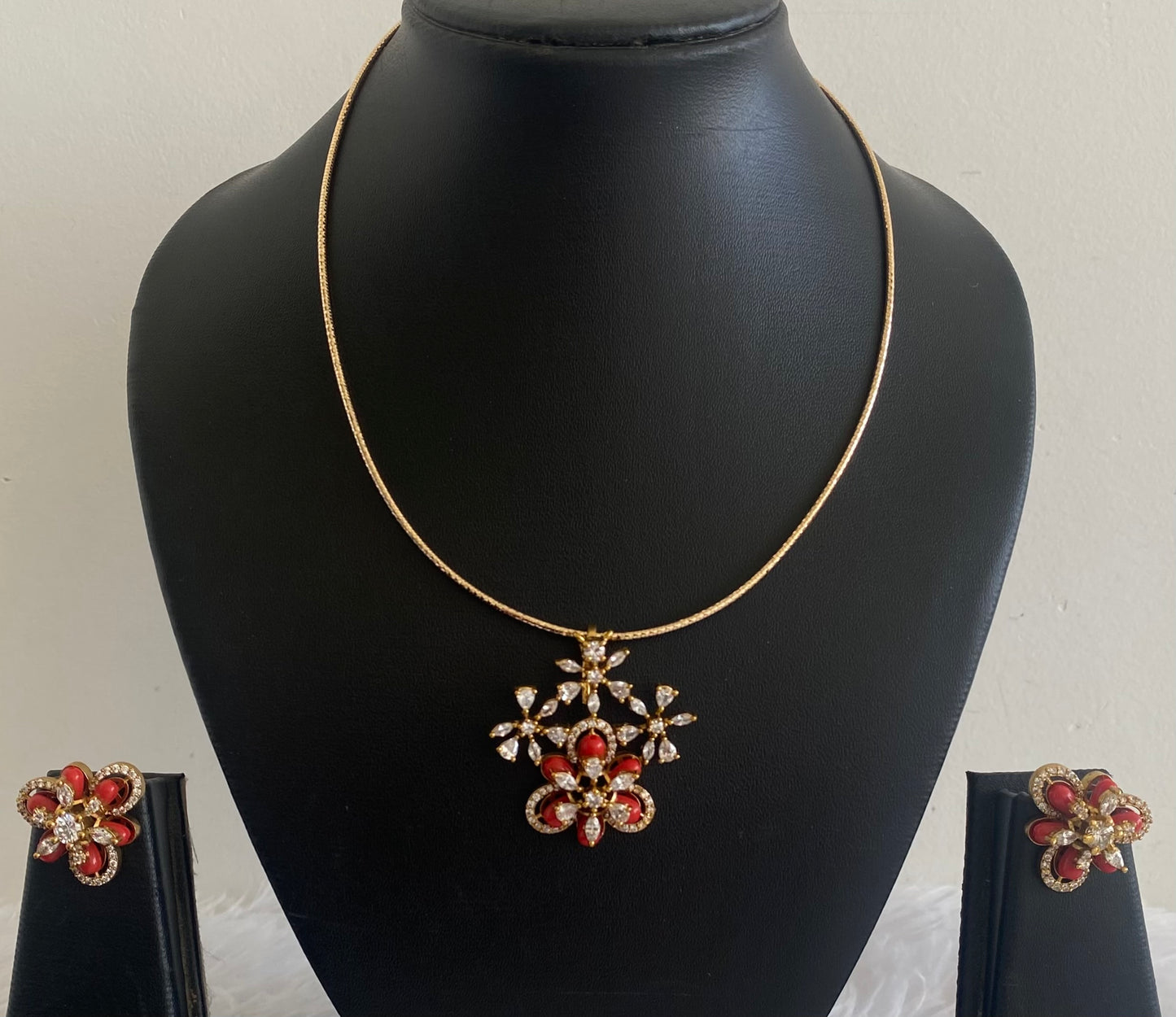 Two tone cz coral beaded pendant set with kanti necklace dj-54000