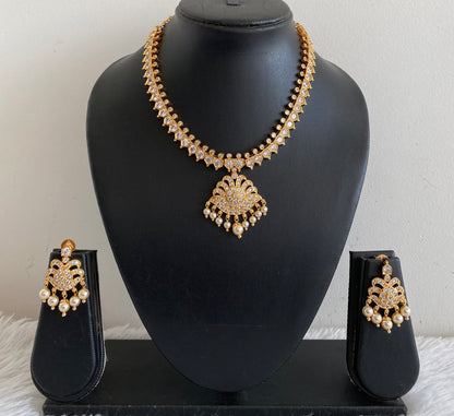 Gold tone AD white stone pearl south indian style necklace set dj-53421