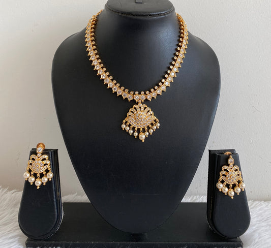Gold tone AD white stone pearl south indian style necklace set dj-53421