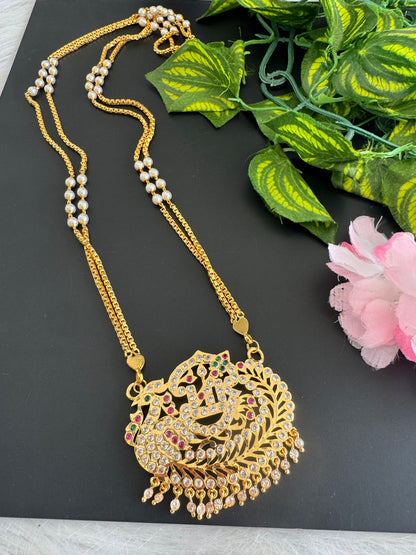 Gold tone double layer pearl chain with AD pink-green Om peacock pendant dj-51191