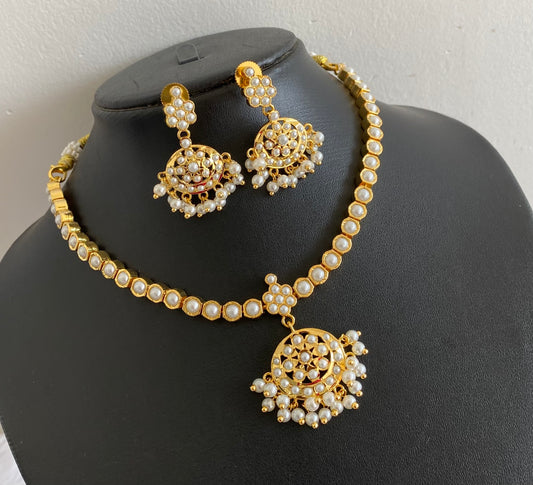 Gold Tone South Indian Style Pearl Attigai/Necklace Set DJ28345