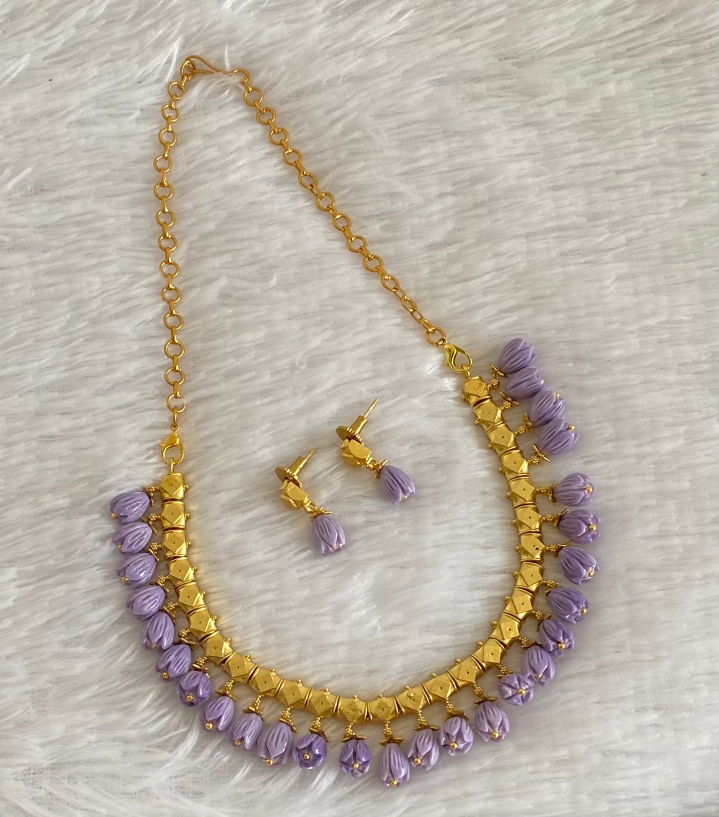 Antique gold tone purple tulip beaded necklace set dj-54038