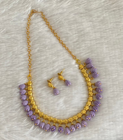 Antique gold tone purple tulip beaded necklace set dj-54038