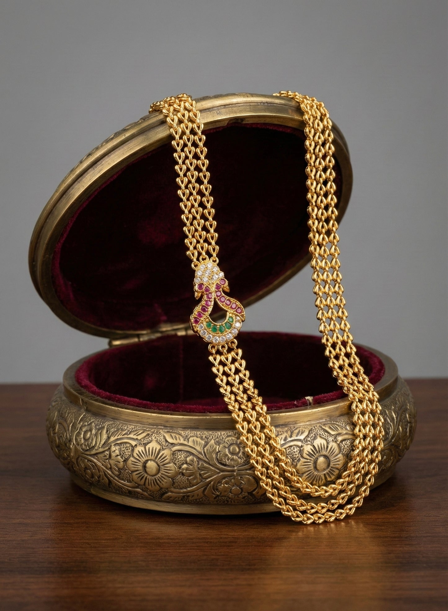 Gold tone 24 inches ruby-green-white triple layer peacock mugappu chain dj-51269