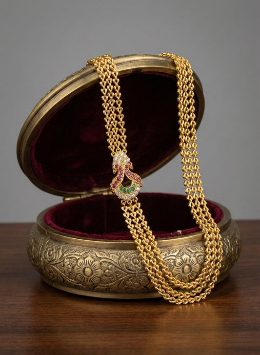 Gold tone 24 inches ruby-green-white triple layer peacock mugappu chain dj-51269