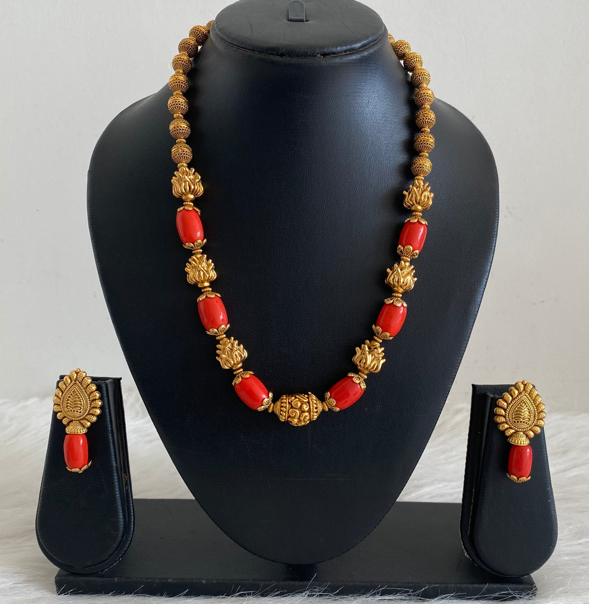 Antique gold tone coral nakshi beaded necklace set dj-54949