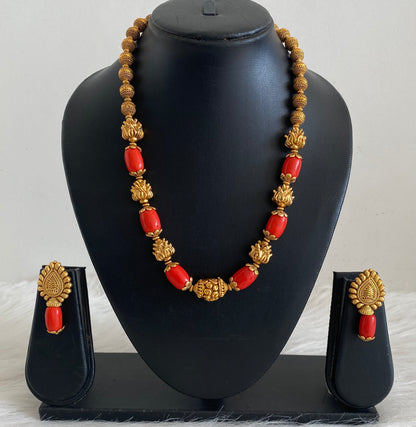 Antique gold tone coral nakshi beaded necklace set dj-54949