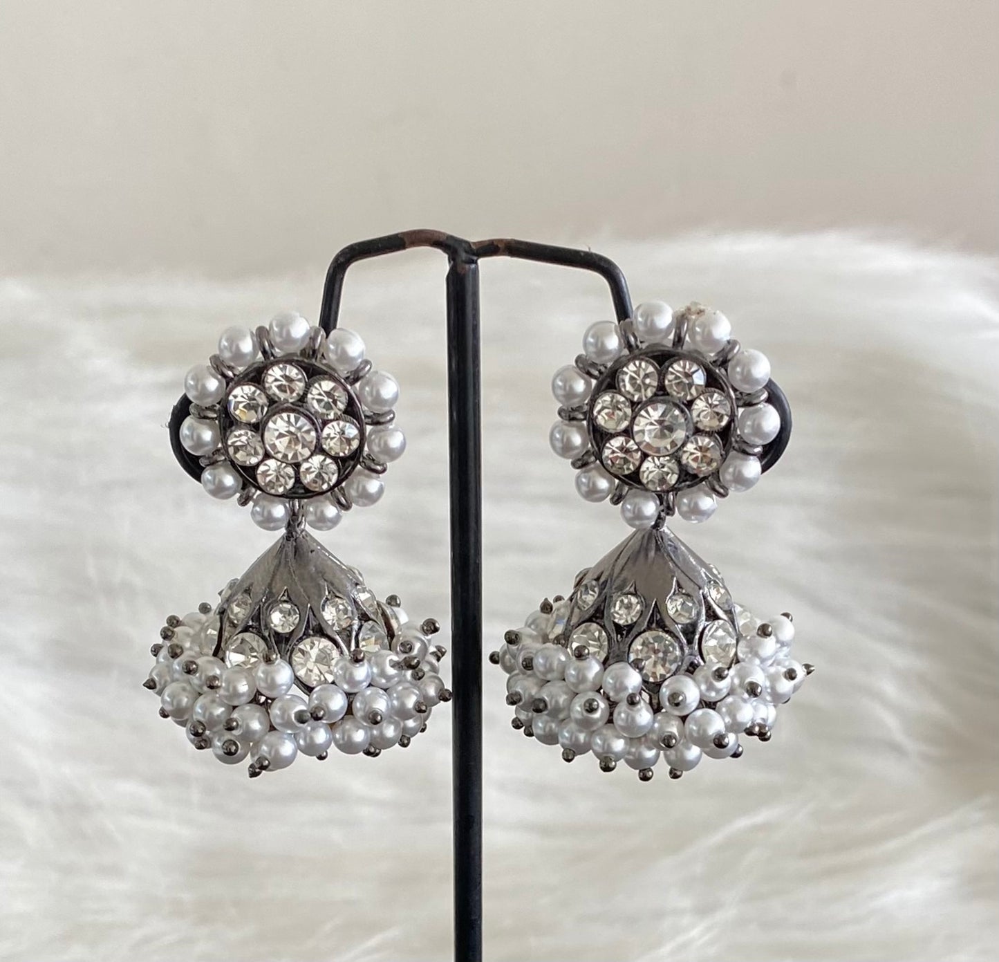 Black finish white stone lotus pearl jhumkka dj-54690