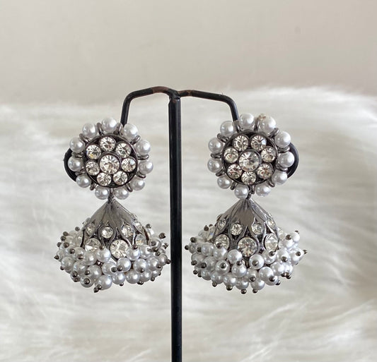Black finish white stone lotus pearl jhumkka dj-54690