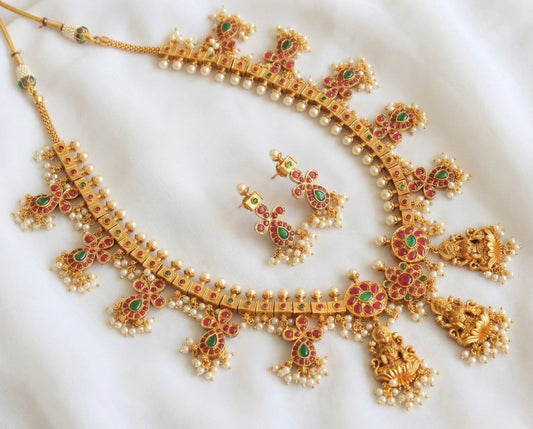 Matte finish ruby-green lakshmi gutta pusalu haar set DJ29466