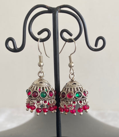 Silver tone pink-green hook jhumkka dj-52932