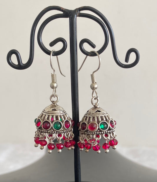 Silver tone pink-green hook jhumkka dj-52932