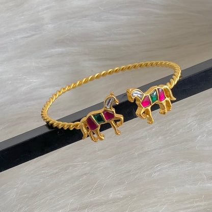 Gold tone pink-green-white Kundan jadau horse openable kada/bangle dj-54860