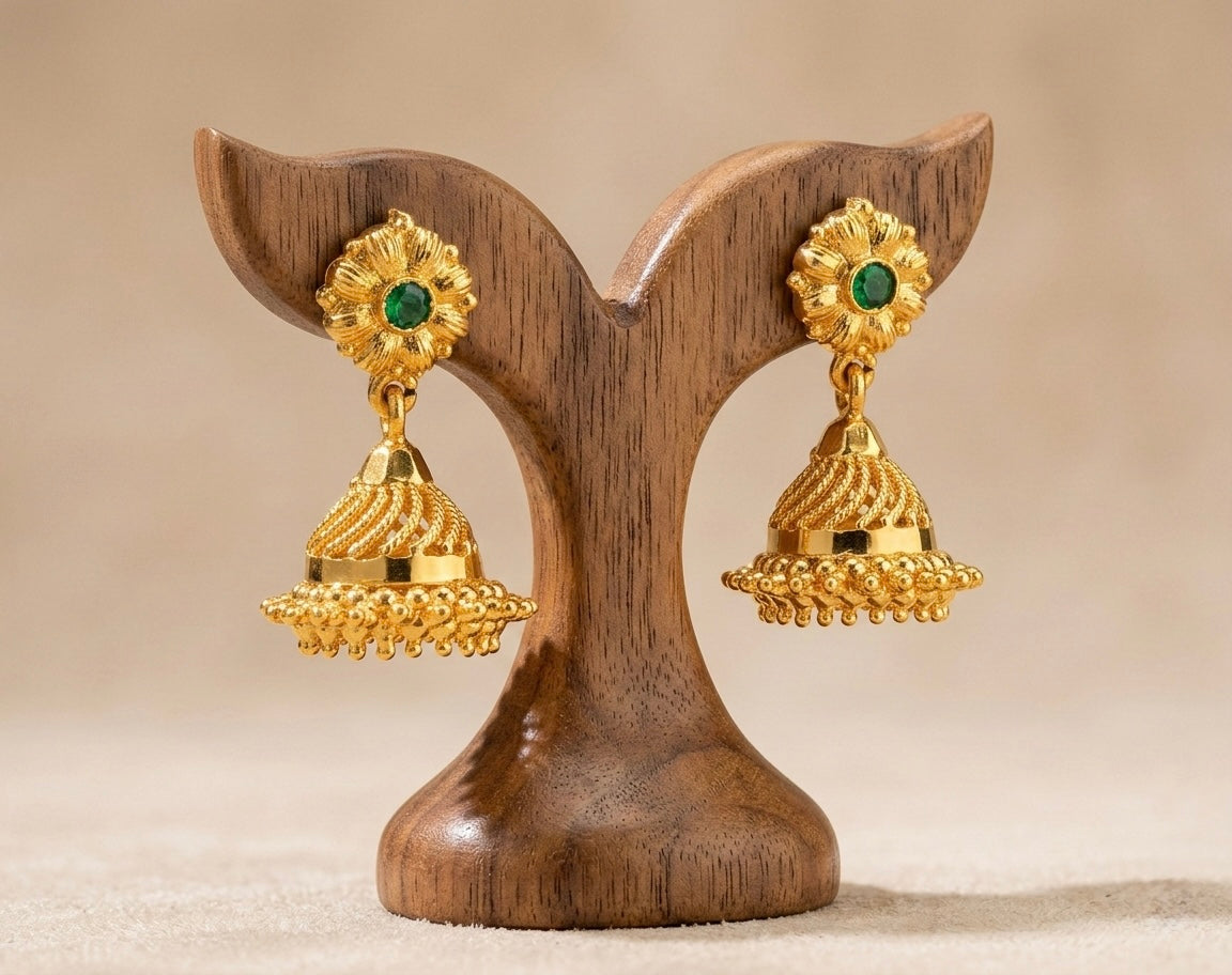 Gold tone green stone flower screw back  jhumkka-dj52893