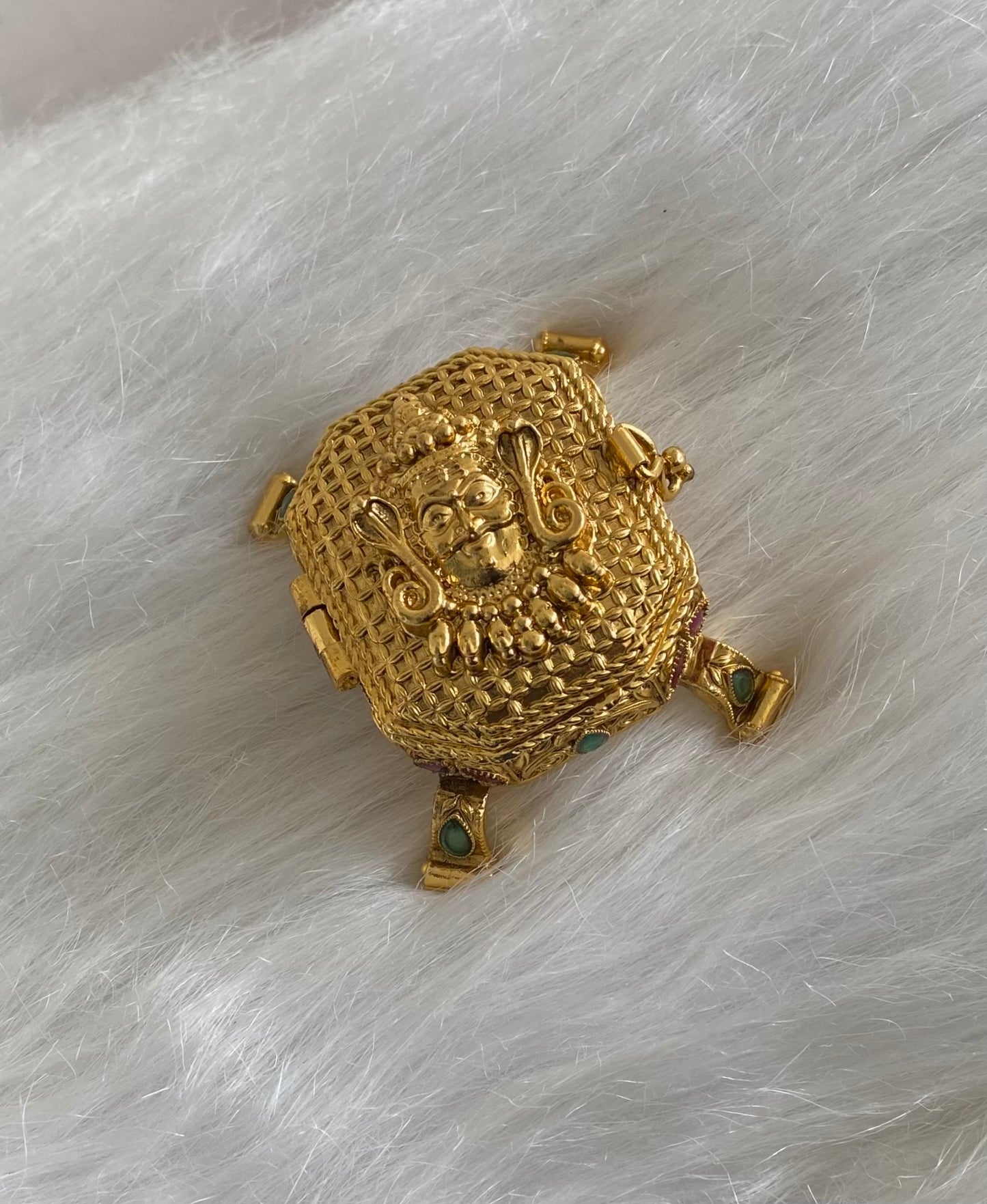 Antique gold tone kemp-green Shiva/Bhairava kumkum box dj-54457