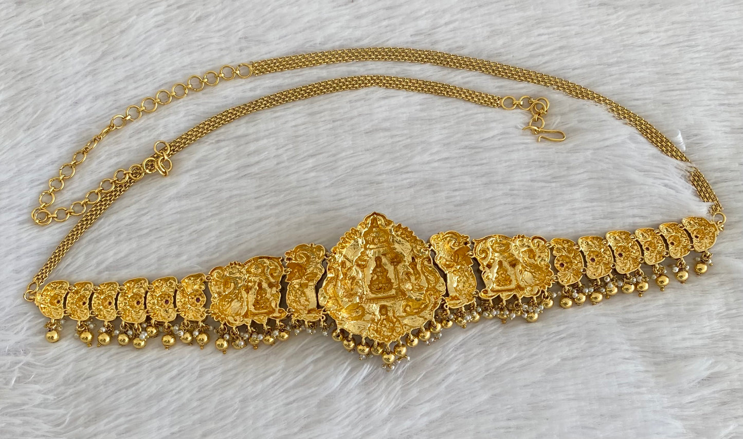 Antique gold tone kemp-green kundan lakshmi peacock waist chain dj-53526