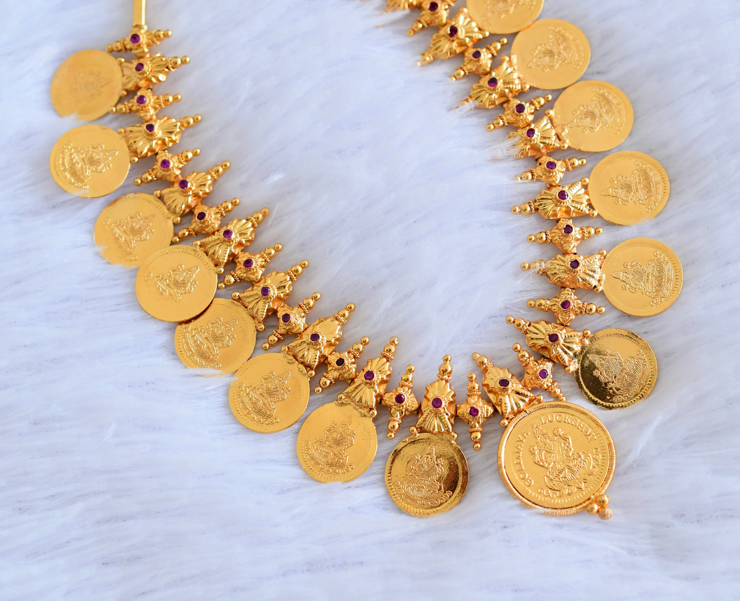 Gold tone pink stone lakshmi coin necklace  dj-53077