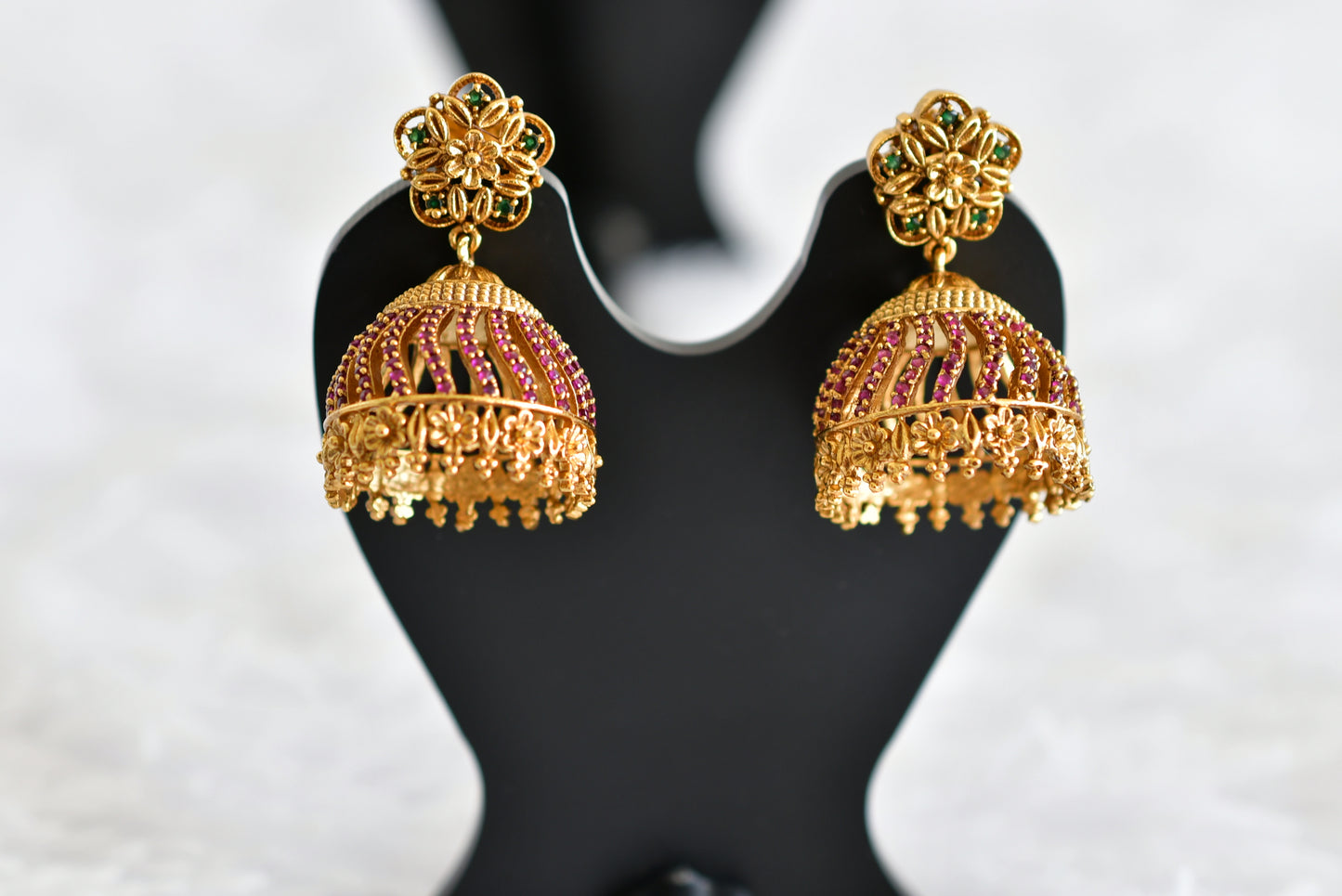 Antique gold tone ruby-green flower jhumkka dj-52165