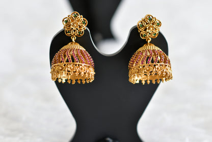 Antique gold tone ruby-green flower jhumkka dj-52165