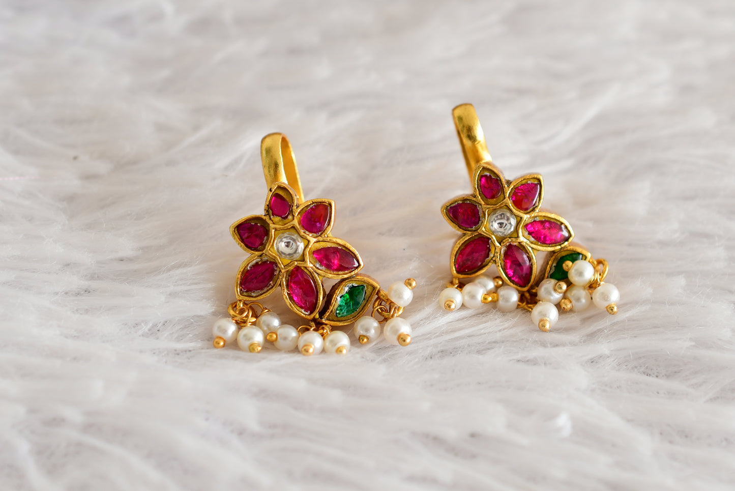 Gold tone pink-green-white kundan jadau flower bugadi earrings dj-52480