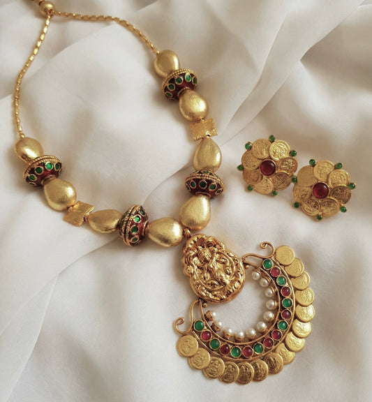Gold tone lakshmi coin Bali beaded necklace set - DJ16889