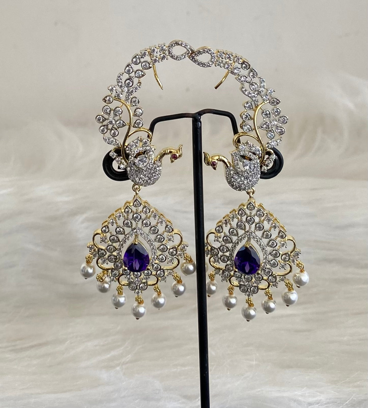 Two tone white-purple stone pearl peacock khanpool earrings dj-54656