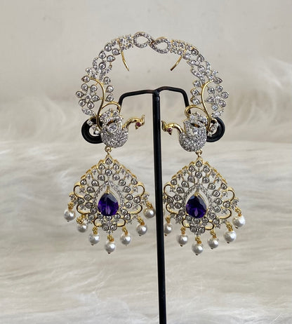 Two tone white-purple stone pearl peacock khanpool earrings dj-54656