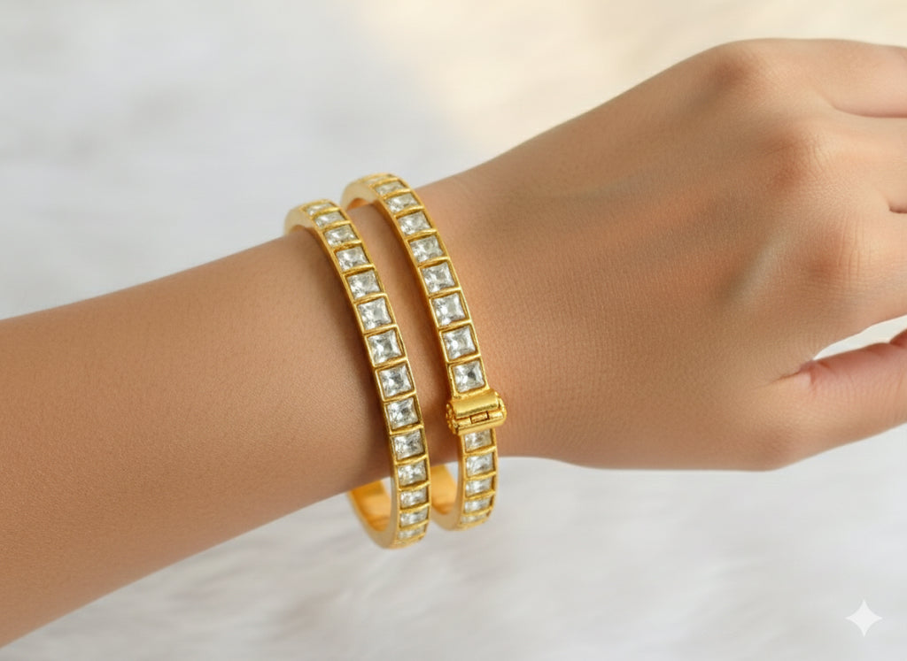 Gold tone white kundan jadau screw type bangles(2.6) dj-50734